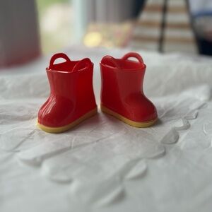 NWOT American Girl 18” Doll Red Plastic Rain Boots with bright Yellow soles